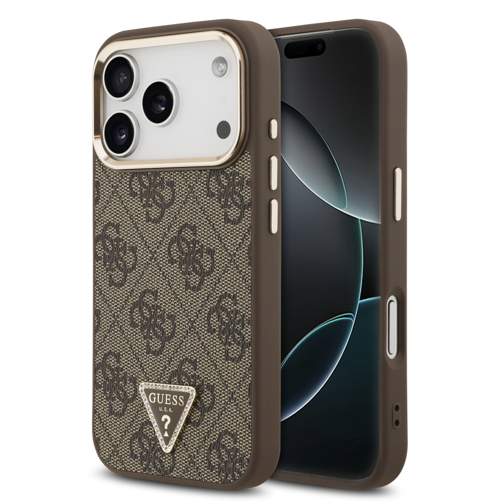 Guess PU Leather 4G Strass Triangle Logo Gold Frame Apple iPhone 18 Pro Max MagSafe hátlap tok, barna