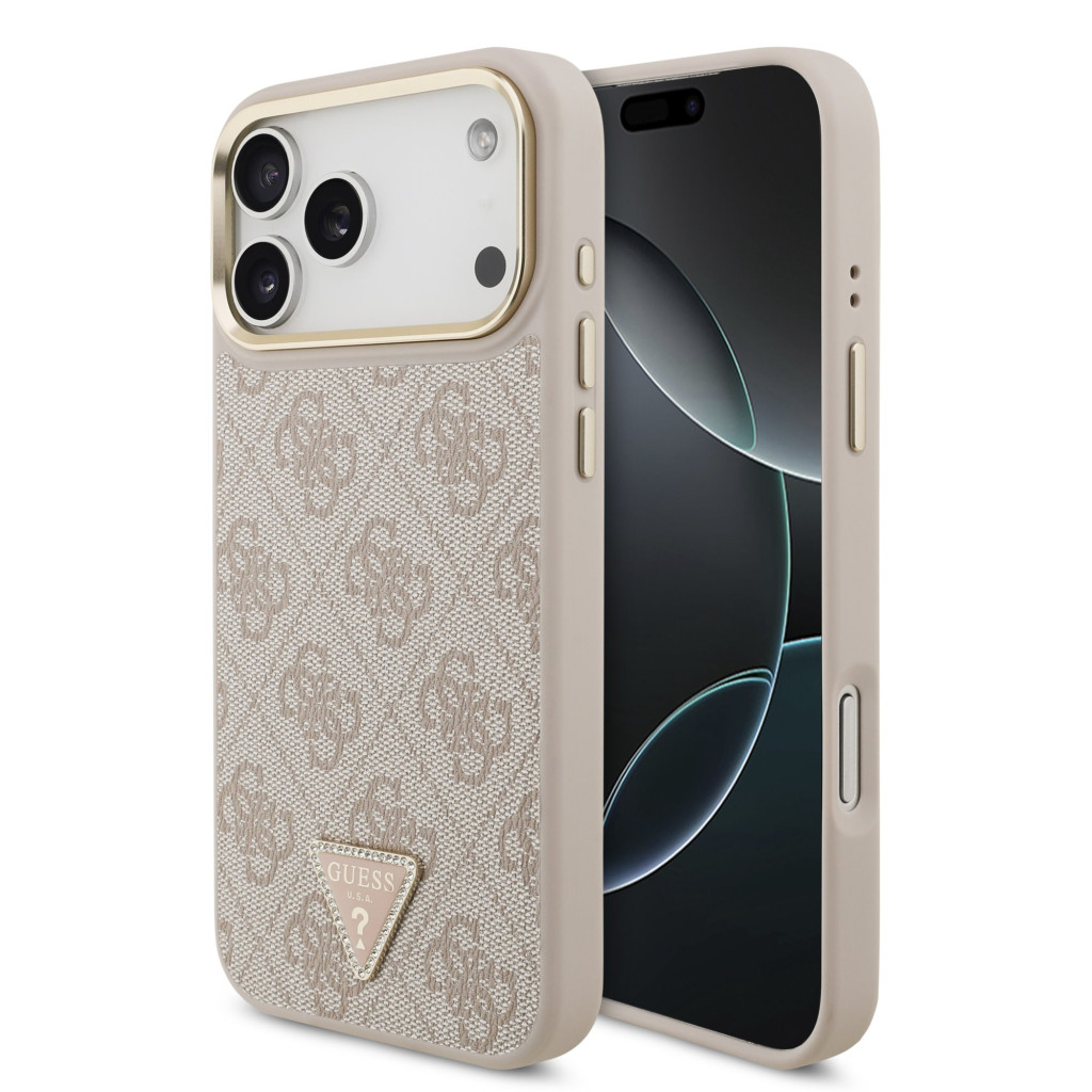 Guess PU Leather 4G Strass Triangle Logo Gold Frame Apple iPhone 18 Pro Max MagSafe hátlap tok, rózsaszín