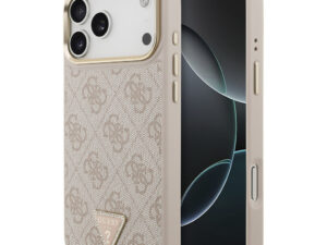 Guess PU Leather 4G Strass Triangle Logo Gold Frame Apple iPhone 18 Pro MagSafe hátlap tok, rózsaszín
