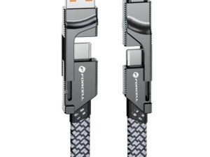 USB Type-C / USB töltő- és adatkábel 4in1, USB Type-C / Lightning, 100 cm, 3000 mA, 60W, változtatható töltőfej, törésgátló, lapos, gyorstöltés, cipőfűző minta, Forcell F-Energy C241, szürke