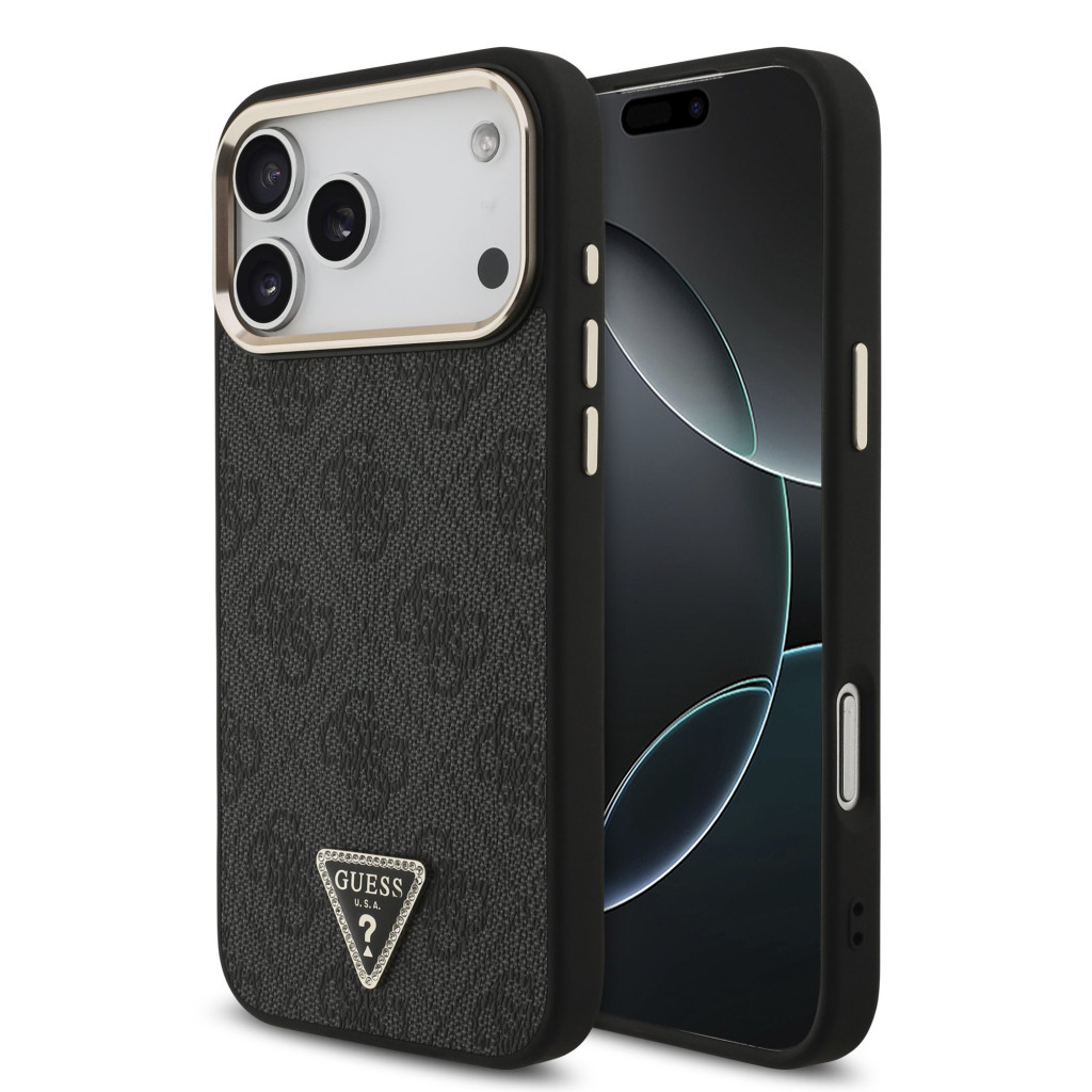 Guess PU Leather 4G Strass Triangle Logo Gold Frame Apple iPhone 18 Pro Max MagSafe hátlap tok, fekete