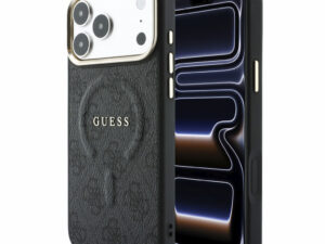Guess PU Leather 4G Gold Frame Embossed Apple iPhone 18 Pro Max hátlap tok, MagSafe, fekete-arany