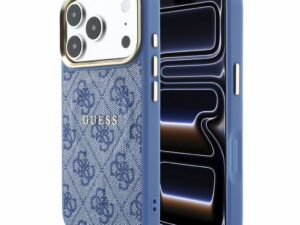 Guess PU Leather 4G Gold Frame Embossed Apple iPhone 18 Pro Max hátlap tok, MagSafe, kék-arany