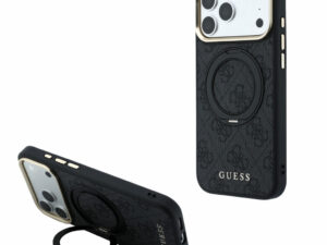 Guess PU 4G Ring Stand Apple iPhone 18 Pro hátlap tok kitámasztóval, MagSafe, fekete-arany