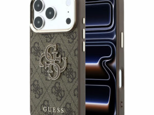 Guess PU 4G Resin Metal Logo Apple iPhone 18 Pro Max hátlap tok, barna-arany