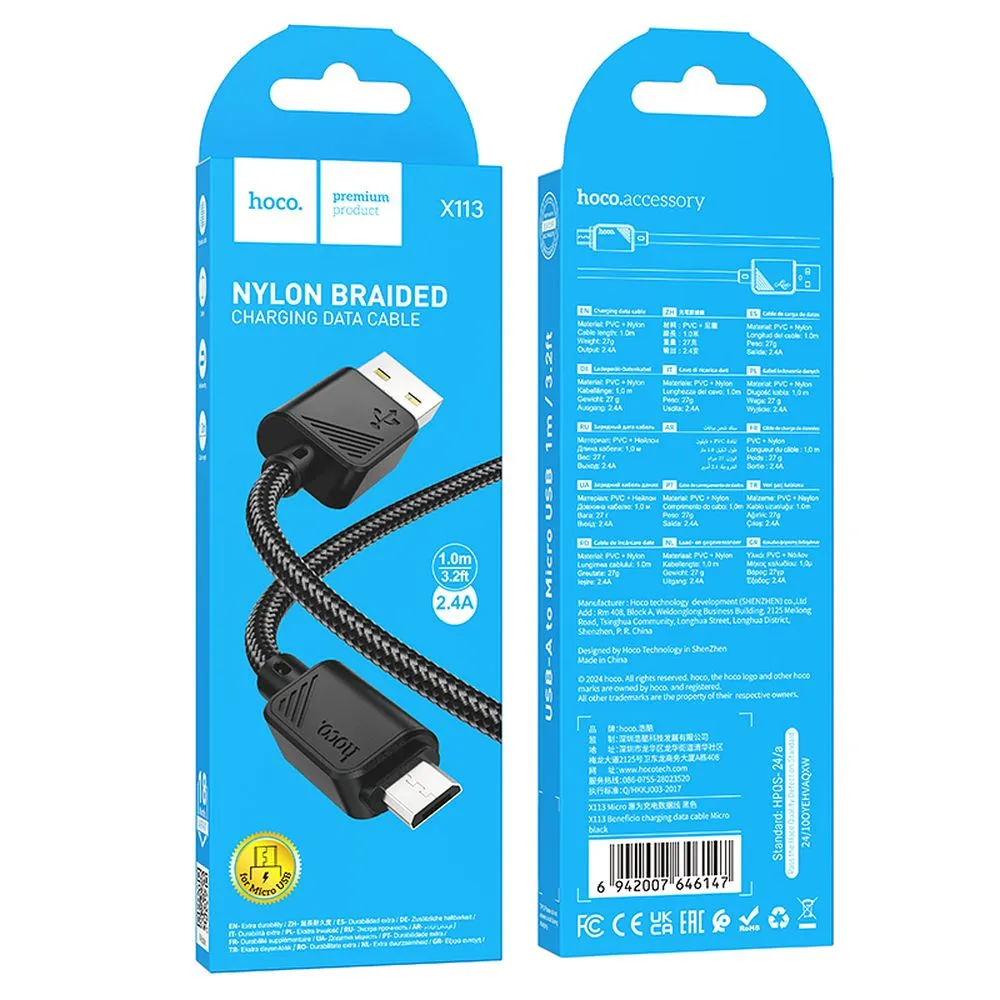 Cable USB A to Micro USB Hoco 2,4A 1 m X113 black - 4. kép