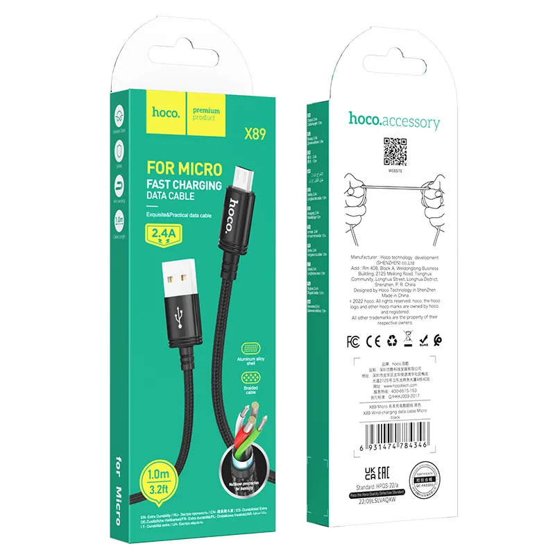 Cable USB A to Micro USB Hoco 2,4A 1 m X89 black - Image 5