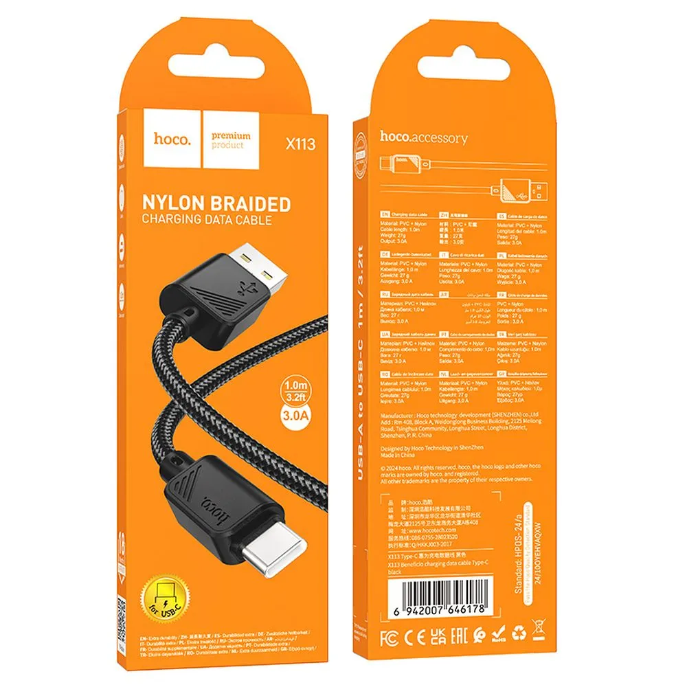 Cable USB A to USB C Hoco 3A 1 m X113 black - Image 4
