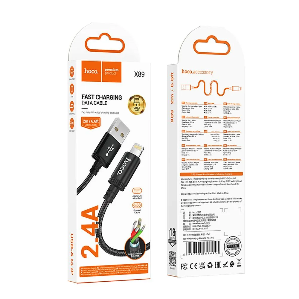 Cable USB A to Lightning Hoco 2,4A 2 m X89 black - 7. kép