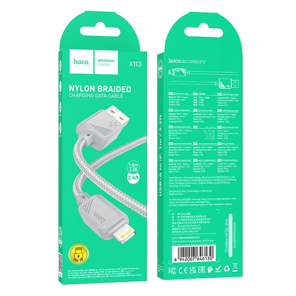 Cable USB A to Lightning Hoco 2,4A 1 m X113 gray - Image 2