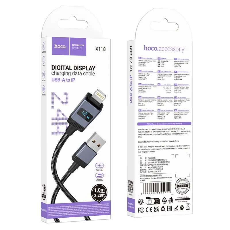 Cable USB A to Lightning Hoco 2,4A with display 1 m X118 black - Image 9