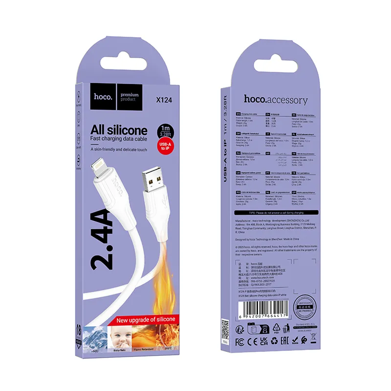 Silicone Cable USB A to Lightning Hoco 2,4A 1 m X124 white - Image 4
