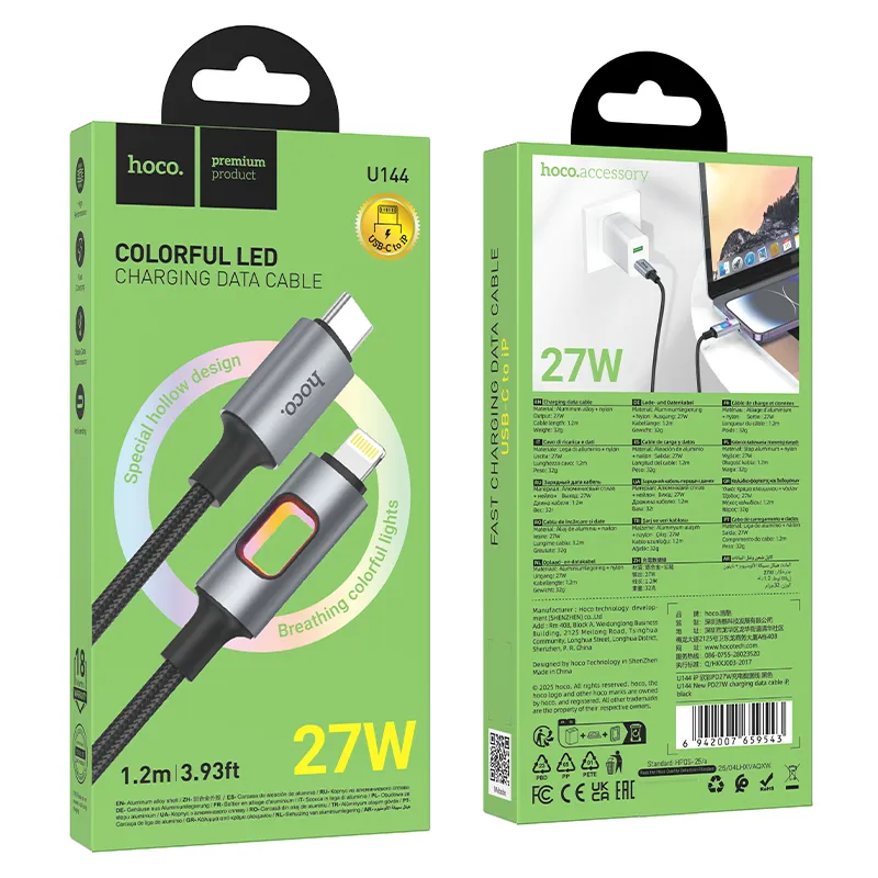 LED Cable USB C to Lightning Hoco PD 27W 1,2 m U144 black - Image 6