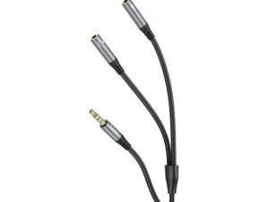 Hoco 0,25 m-es 2 az 1-ben AUX-kábel, 3,5 mm-es csatlakozó (hím) – 2 db 3,5 mm-es csatlakozó (nő), UPA21, fémes szürke