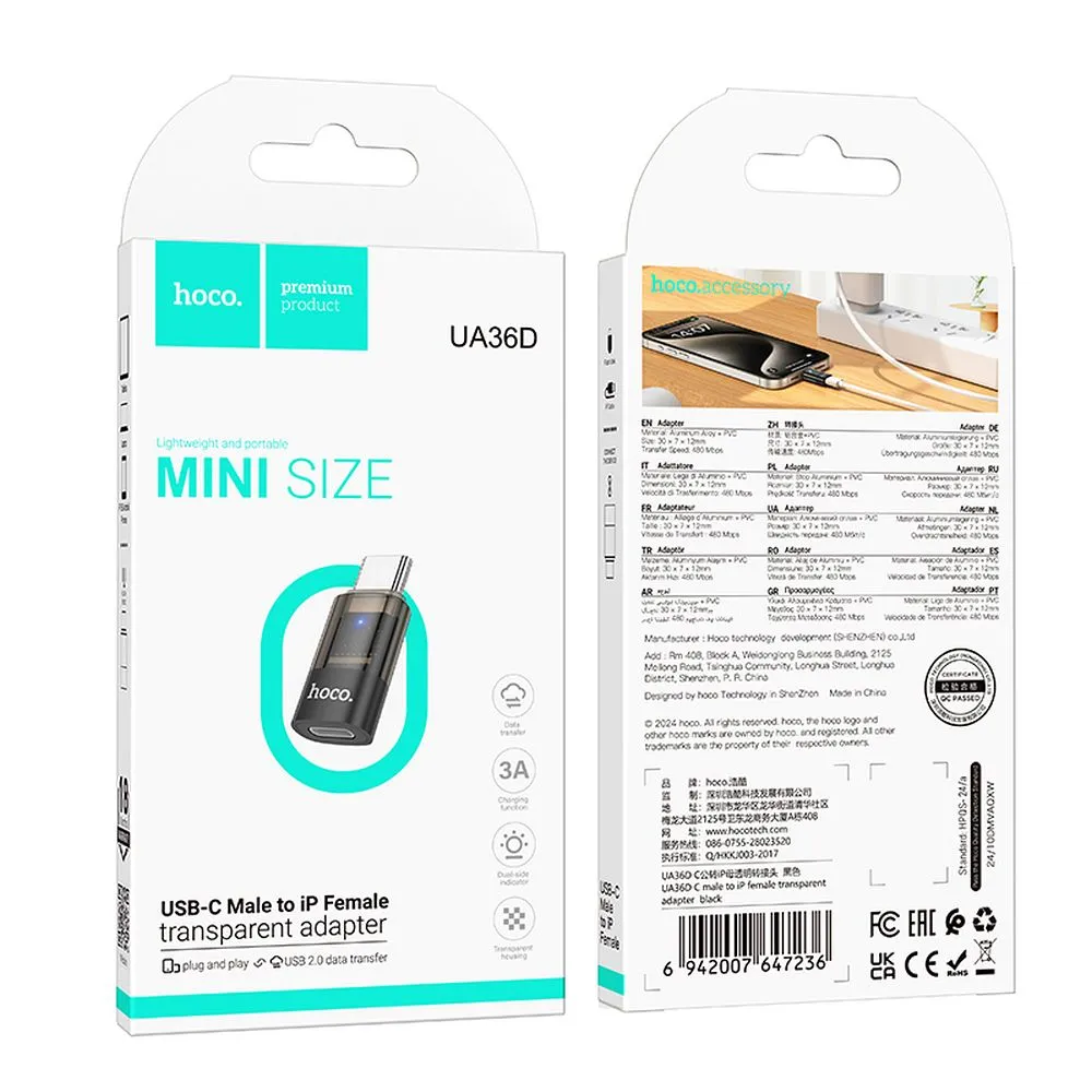 Adapter USB C to Lightning Hoco UA36D transparent black - 6. kép