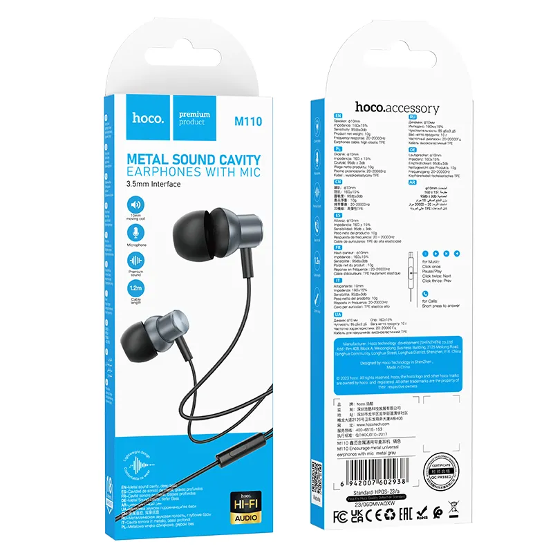 Wire earphones Jack 3,5 mm Hoco M110 metal gray - 6. kép