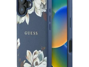 GUESS case for IPHONE 16 compatible with MagSafe GUHMP16SPGNMPLMB (PU Grained Flowers Classic Logo) blue