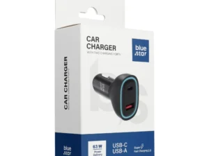 BLUE STAR autós töltő 3 A, 63 W, Type-C + USB-A, PD, QC 3.0, AFC, PPS, SFC 2.0, fekete
