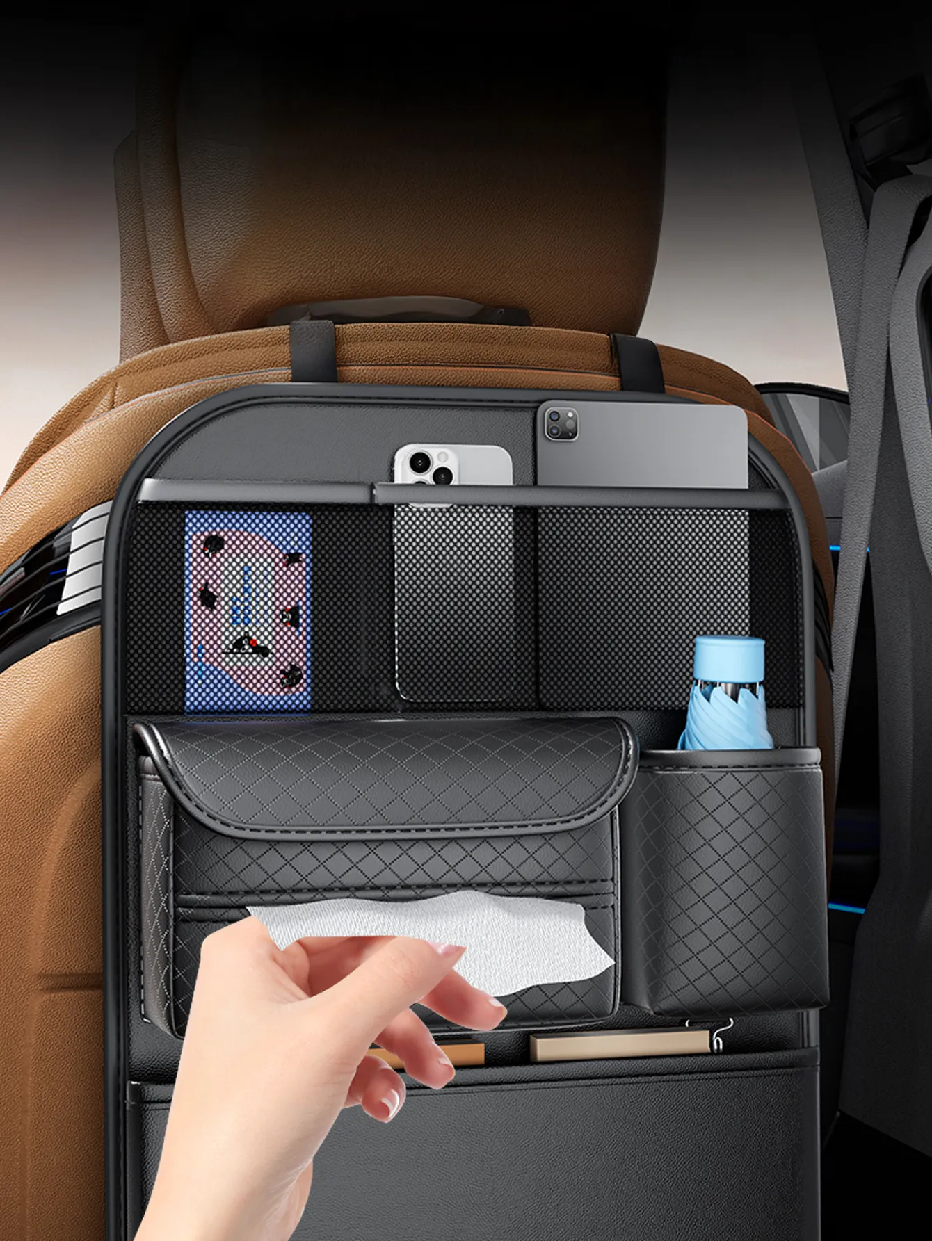 Car organizer for front seats with compartments D03 black - 8. kép
