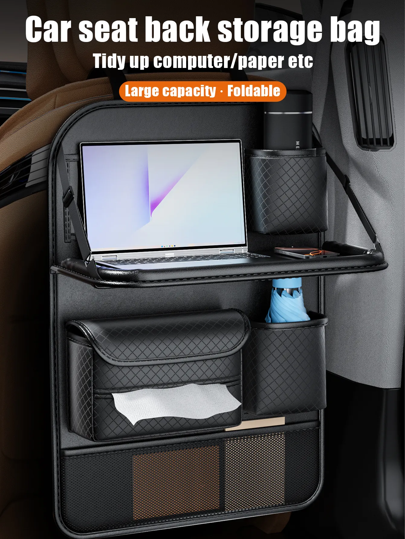 Foldable Car organizer for front seats with compartments D03-B black - 4. kép