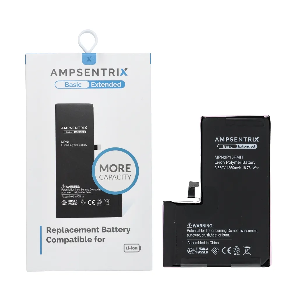 AmpSentrix Basic battery for iPhone 15 Pro Max (high capacity 4850 mAh)