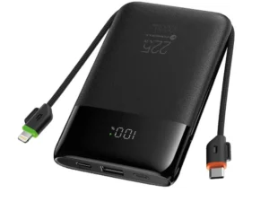 FORCELL F-ENERGY F10K6 Többfunkciós powerbank beépített C típusú és Lightning kábellel PD QC3.0 3A 22,5W 10000 mAh fekete