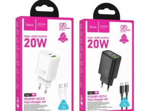 Phone charger Hoco USB A + USB C QC3.0 PD 3A 20W + cable USB C to USB C N61 white