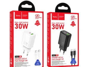 Phone charger Hoco USB A + USB C QC3.0 PD 3A 30W + cable USB C to USB C N63 black