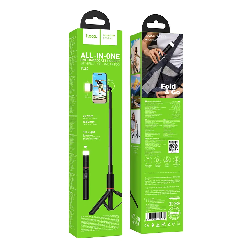 Hoco K34 szelfibot állvány távirányítóval + LED lámpával, fekete - 9. kép
