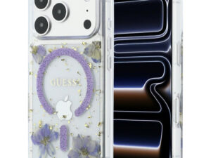 Guess Resin Flowers Glitter Apple iPhone 18 Pro Max / 17 Pro Max tok, MagSafe, csillámos, virág minta, lila