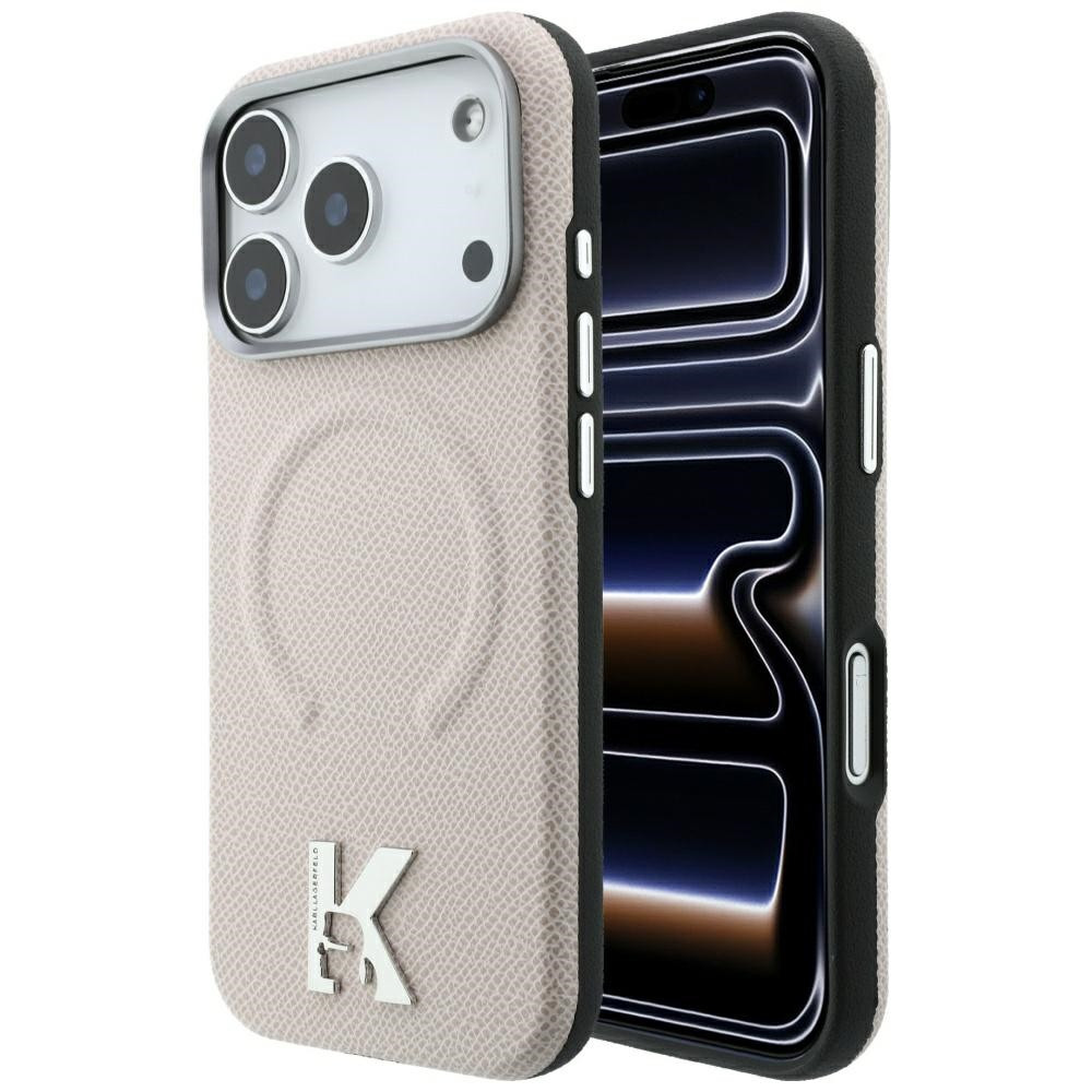 Karl Lagerfeld Grained Embossed Ring & Kameo Logo Apple iPhone 18 Pro / 17 Pro tok, MagSafe, bézs-ezüst