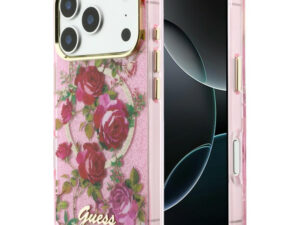 Guess IML Glitter Blossom Roses Apple iPhone 18 Pro / iPhone 17 Pro tok, MagSafe, csillámos, rózsa minta, rózsaszín