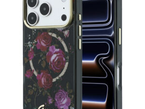 Guess IML Glitter Blossom Roses Apple iPhone 18 Pro / iPhone 17 Pro tok, MagSafe, csillámos, rózsa minta, fekete