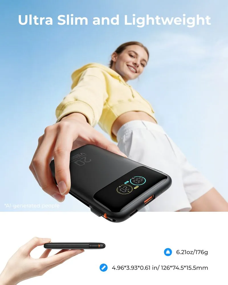 Powerbank Veger Fuerza 10 (W1212B) PD 20W 10000 mAh with built-in cables USB C / Lightning black - Image 3