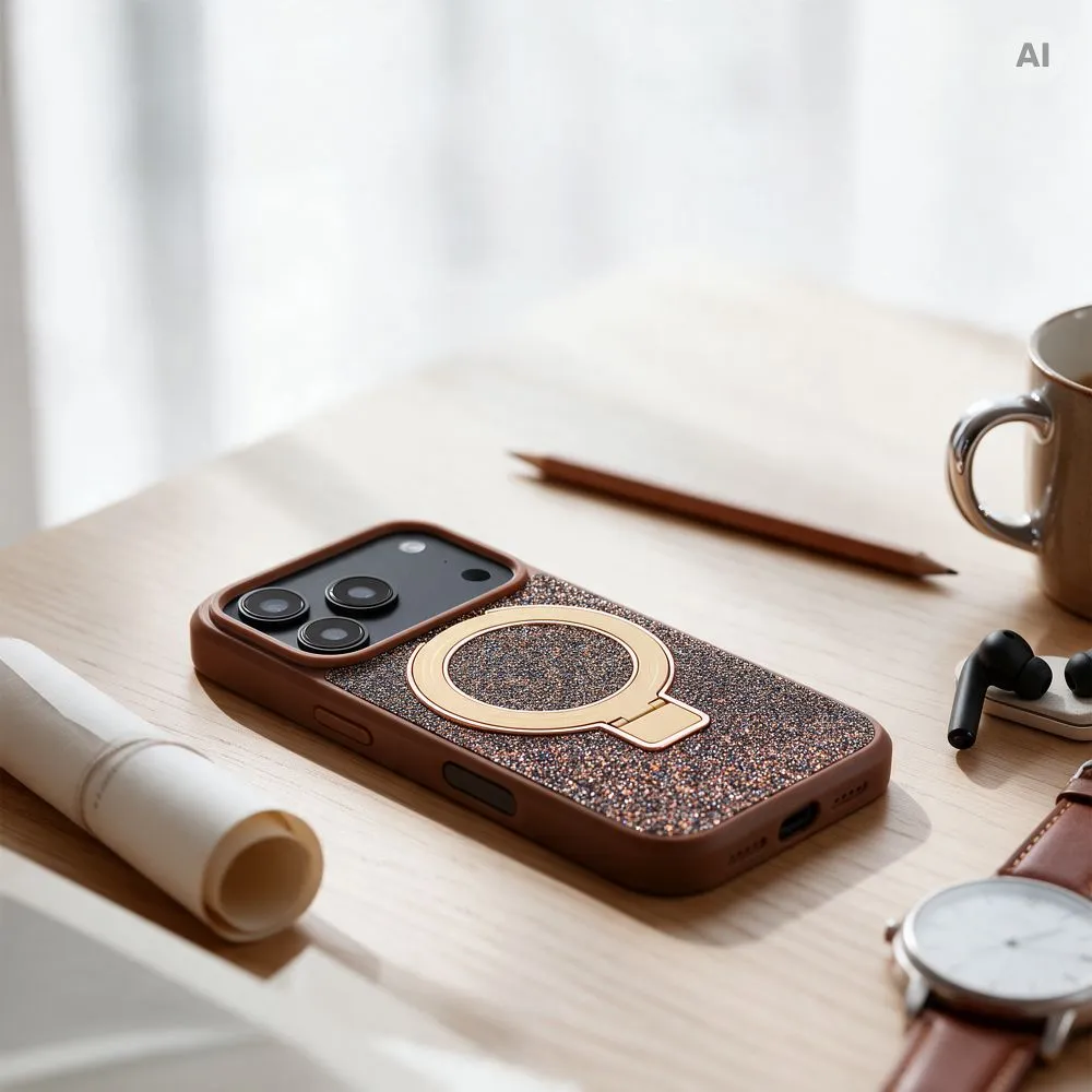 Case for iPhone 16 Quartz Circle Stand Mag Cover brown - Image 4